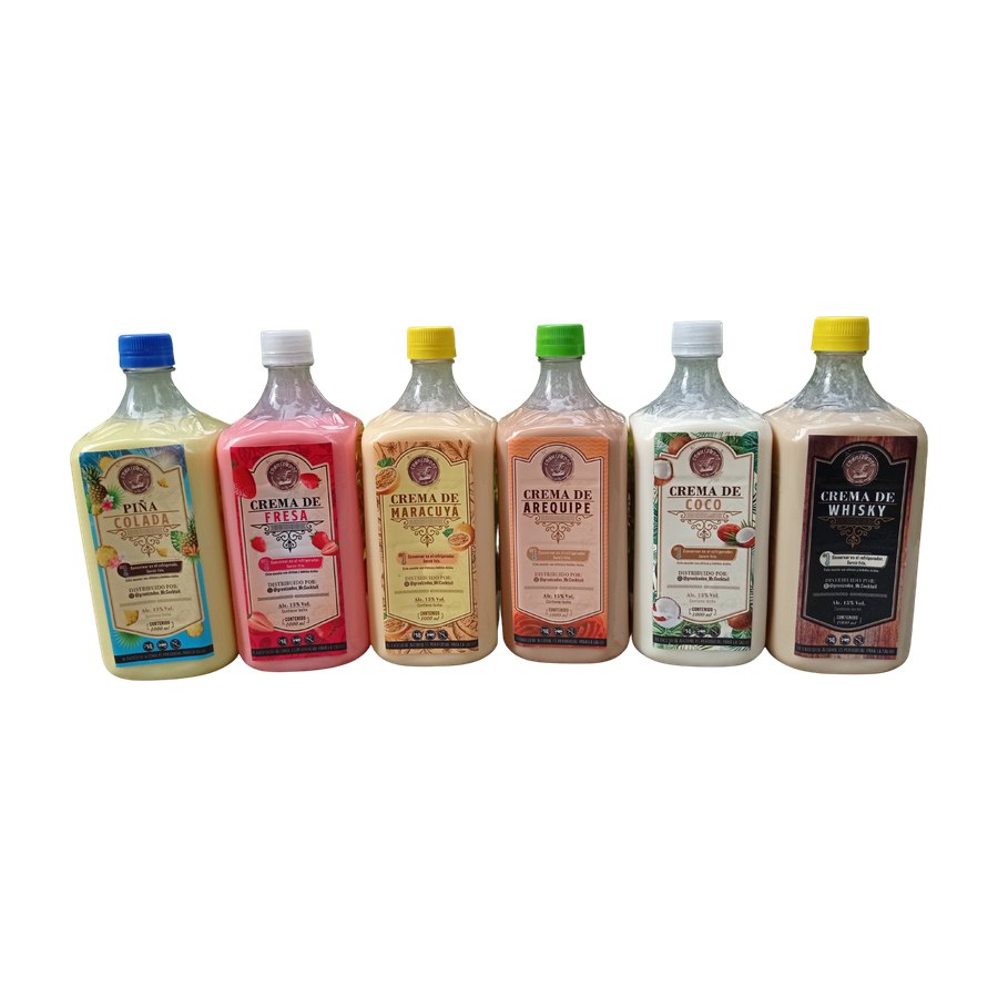 Seis botellas de cóctel cremoso de un litro en distintos sabores